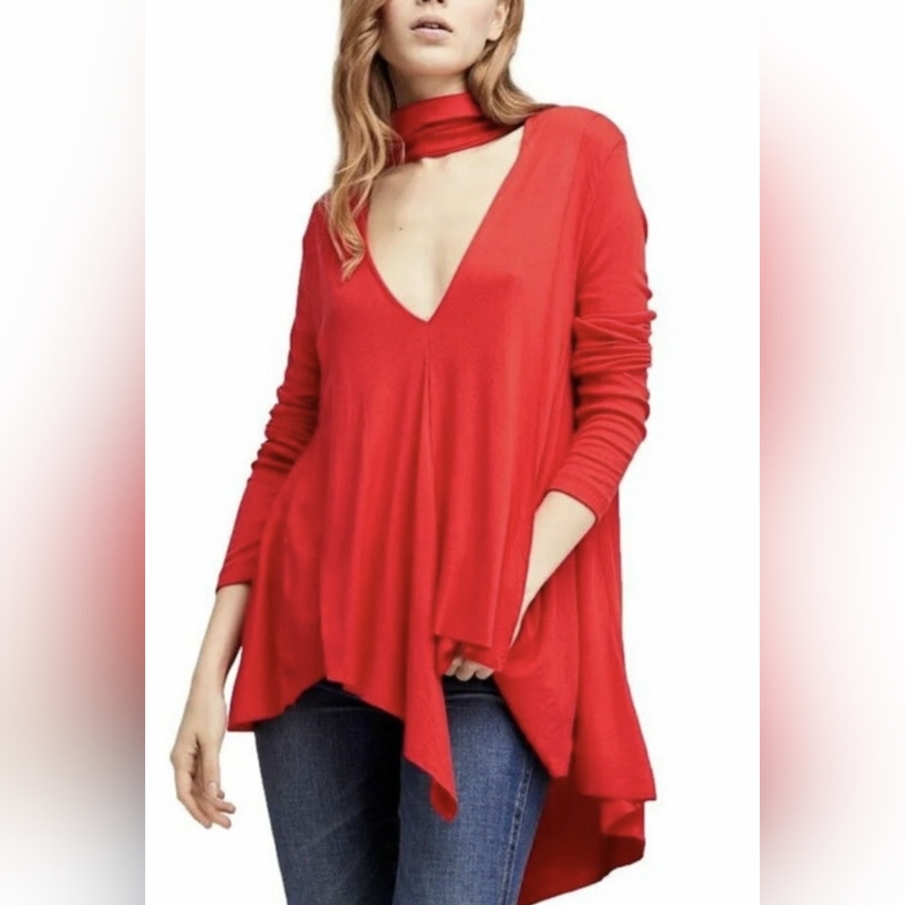 Free People Red V-Neck Choker Long-Sleeve Tunic, Size Small - NWT